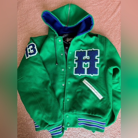 Dehen S  Green /blue/white Wool Varsity Jacket , Big H/13 Made In USA, Great - Picture 1 of 8